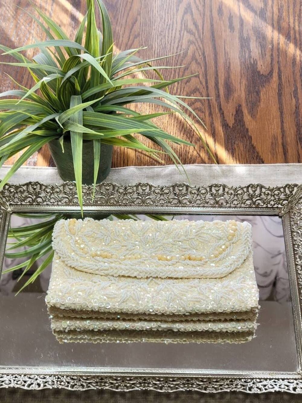 Vintage White Beaded Sequin Evening Clutch Bag Mid Century Bridal Wedding Purse